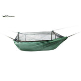 DD Hammocks Frontline hammock with mesh bug net, ideal for camping and outdoor adventures.